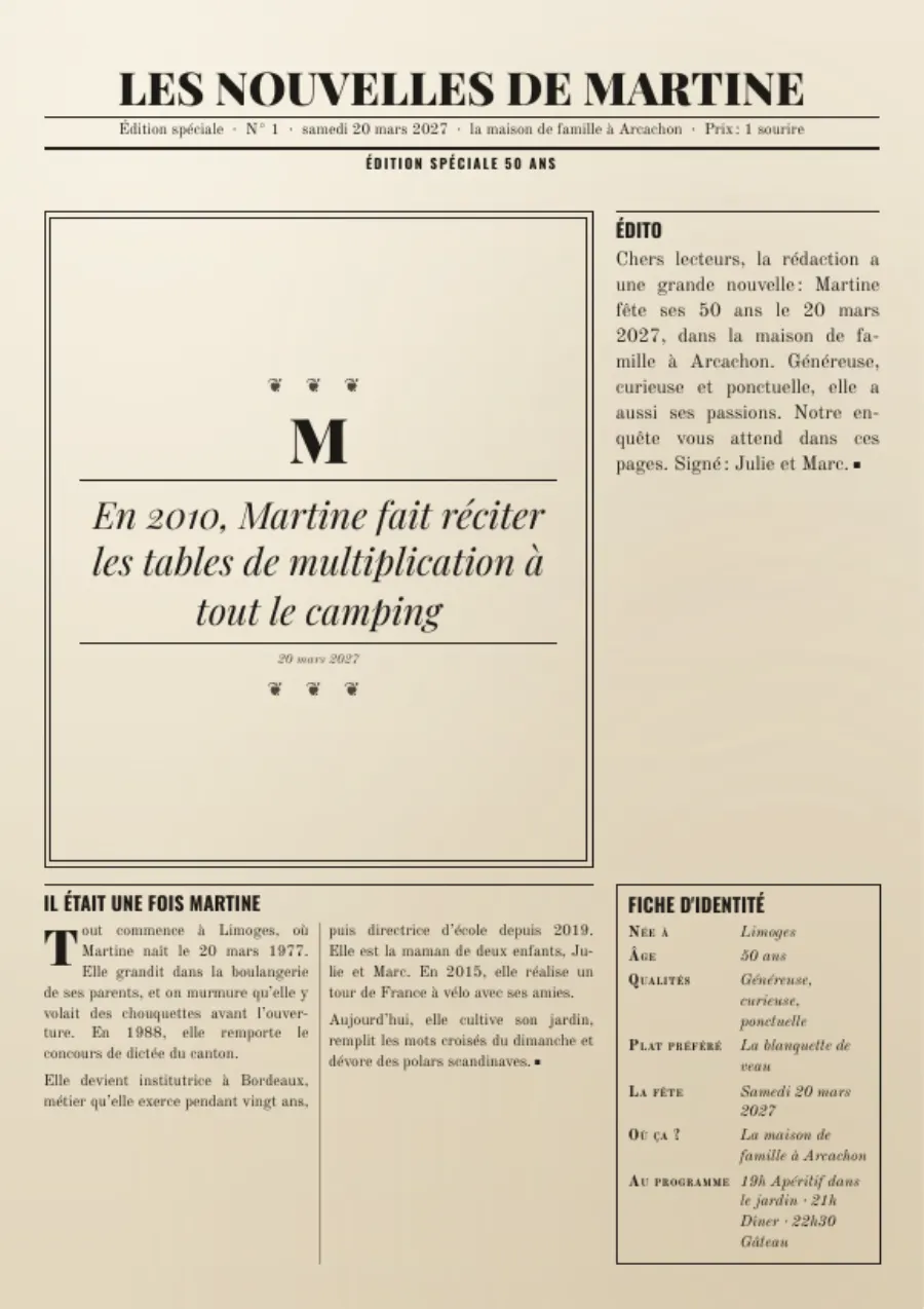Exemple : Les Nouvelles de Martine, gazette des 50 ans